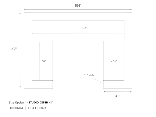 Diagram of Bonham Leather U Sectional 41 inch depth size option 1