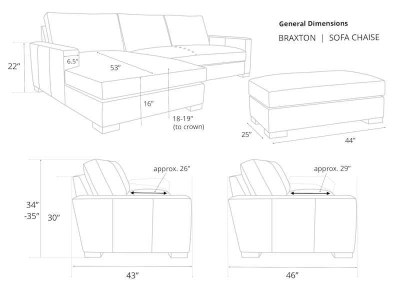 Diagram of Braxton Sofa Chaise Sectional dimension details