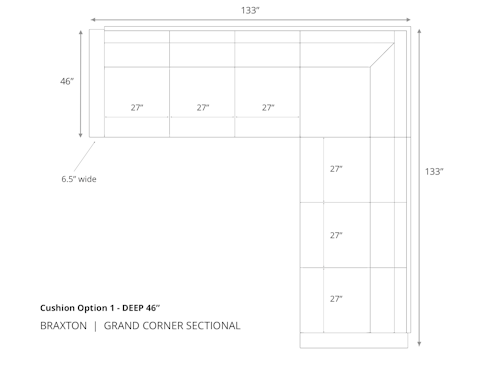 Diagram of Braxton Grand Corner Sectional 46 inch depth cushion option 1