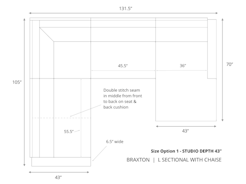 Diagram of Braxton L Sectional with Chaise 43 inch depth size option 1