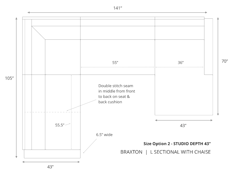 Diagram of Braxton L Sectional with Chaise 43 inch depth size option 2