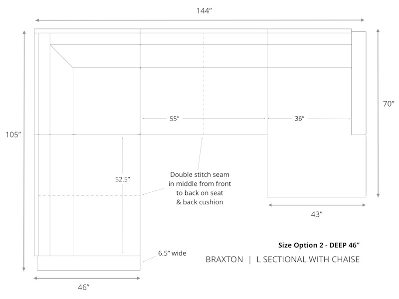 Diagram of Braxton L Sectional with Chaise 46 inch depth size option 2