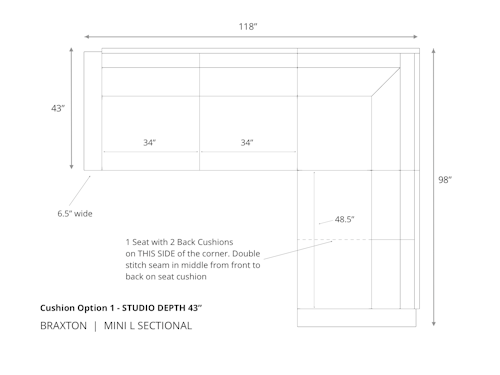 Diagram of Braxton Mini L Sectional Sofa in 43 depth and cushion option 1