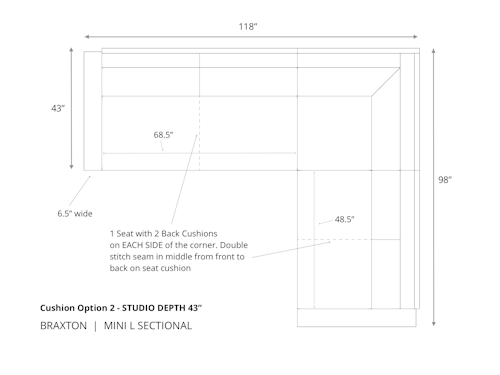 Diagram of Braxton Mini L Sectional Sofa in 43 depth and cushion option 2