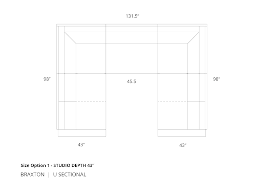 Diagram of Braxton U Sectional size option 1 in 43 inch depth