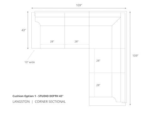 Diagram of Langston Corner Sectional in 43 inch depth cushion option 1