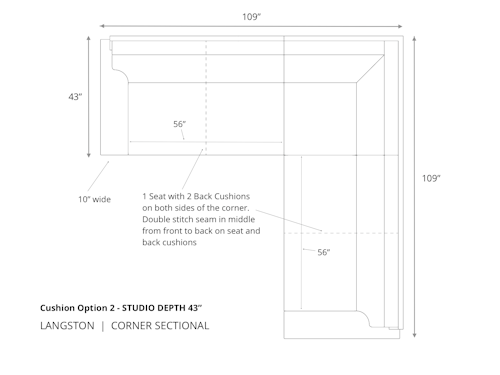 Diagram of Langston Corner Sectional in 43 inch depth cushion option 2