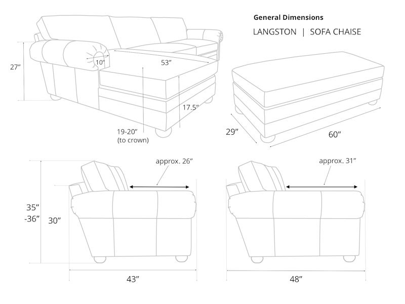 Langston Sofa Chaise Dimensions Detail