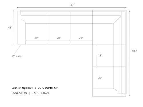 Diagram of Langston L Sectional Sofa in 43 inch depth cushion option 1