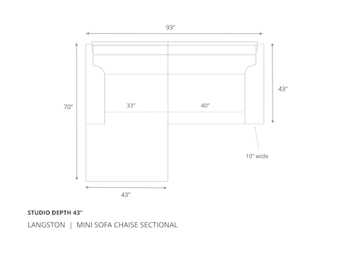 Diagram of Langston Mini Sofa Chaise Sectional in 43 inch depth