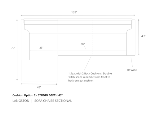 Diagram of Langston Sofa Chaise Sectional in 43 inch depth cushion option 2