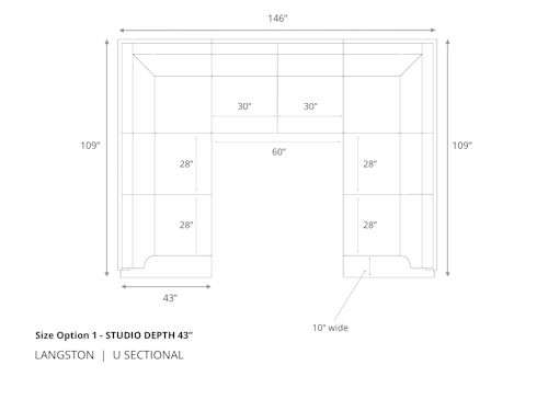 Diagram of Langston U Sectional Sofa in 43 inch depth size option 1