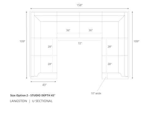 Diagram of Langston U Sectional Sofa in 43 inch depth size option 2