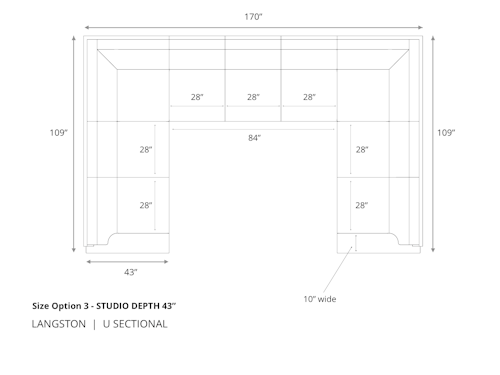 Diagram of Langston U Sectional Sofa in 43 inch depth size option 3