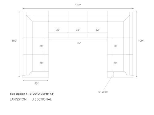 Diagram of Langston U Sectional Sofa in 43 inch depth size option 4