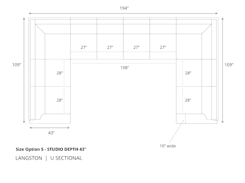 Diagram of Langston U Sectional Sofa in 43 inch depth size option 5