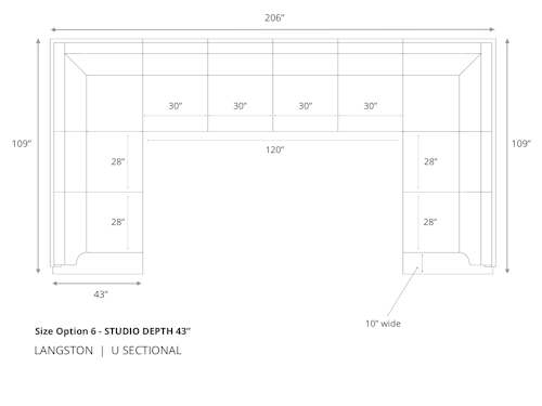 Diagram of Langston U Sectional Sofa in 43 inch depth size option 6