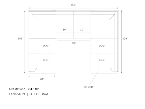Diagram of Langston U Sectional Sofa in 48 inch depth size option 1