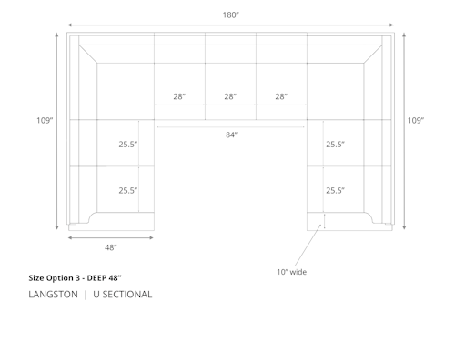 Diagram of Langston U Sectional Sofa in 48 inch depth size option 3