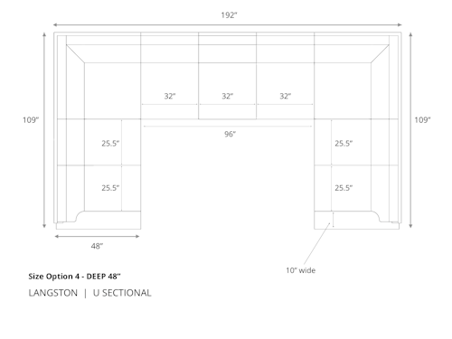 Diagram of Langston U Sectional Sofa in 48 inch depth size option 4
