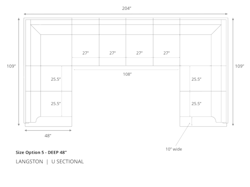 Diagram of Langston U Sectional Sofa in 48 inch depth size option 5