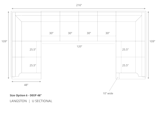 Diagram of Langston U Sectional Sofa in 48 inch depth size option 6